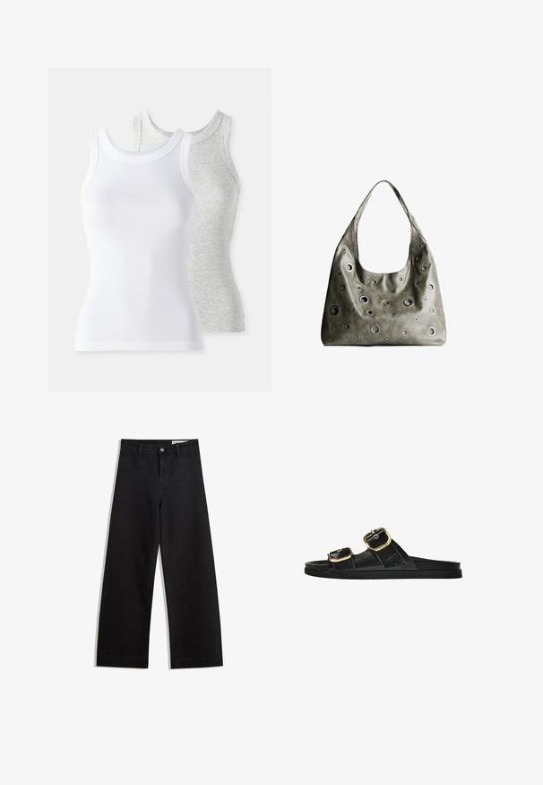 Due magliette senza maniche: una bianca con una texture a costine e una grigia chiara con un leggero motivo melange. Entrambe hanno scollature rotonde.; Pantaloni in denim neri a gamba larga con vita alta, dotati di tasche anteriori e posteriori, cuciture a punto, e chiusura con bottone. Texture liscia.; Infradito neri con due accenti di fibbia dorata, materiale dalla texture liscia, suola piatta e design minimalista.; Borsa a tracolla in pelle verde oliva con un design morbido, caratterizzata da tagli circolari di diverse dimensioni e dettagli in tonalità più scure e più chiare.