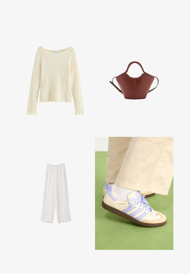 Textúrovaný krémový sveter s dlhými rukávmi a širokým výstrihom. Má pletený vzor a zúbkovaný lem. Vyrobený z mäkkého materiálu.; Biele široké nohavice vyrobené z ľahkej tkaniny. Obsahujú elastický pás so sťahovacou šnúrkou a bočné vrecká. Hladká textúra.; Krémovo-fialové tenisky so tromi pruhmi a štruktúrovanou hnedou podrážkou, s šnúrkami a polstrovaným opätkom. Mäkký textilný zvršok.; Hnedá kožená kabelka s kužeľovým tvarom, pevnými rúčkami a kontrastným bielym prešitím. Obsahuje odnímateľný ramenný popruh pre väčšiu variabilitu.