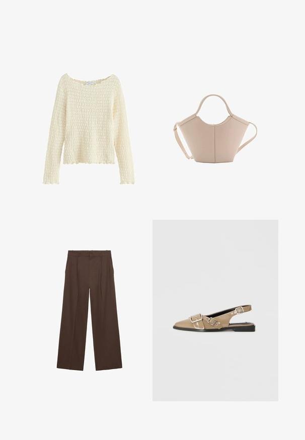Pamučni kremasti pulover s dugim rukavima i širokim izrezom. Ima pleteni uzorak i ovratnik s valovitim rubom. Napravljen je od mekanog materijala.; Smeđe široke hlače napravljene od glatkog materijala, sa visokim strukom, prednjim nabiranjima i dva bočna džepa.; Bež patentne cipele sa otvorenom petom, špicastog vrha, dvije podesive kopče i niskim crnim potplatom. Glatka tekstura s sjajnim završetkom.; Bež kožna torba jedinstvenog oblika, s dva kratka ručka i dugom podesivom trakom. Glatka tekstura s minimalnim metalnim dodacima.