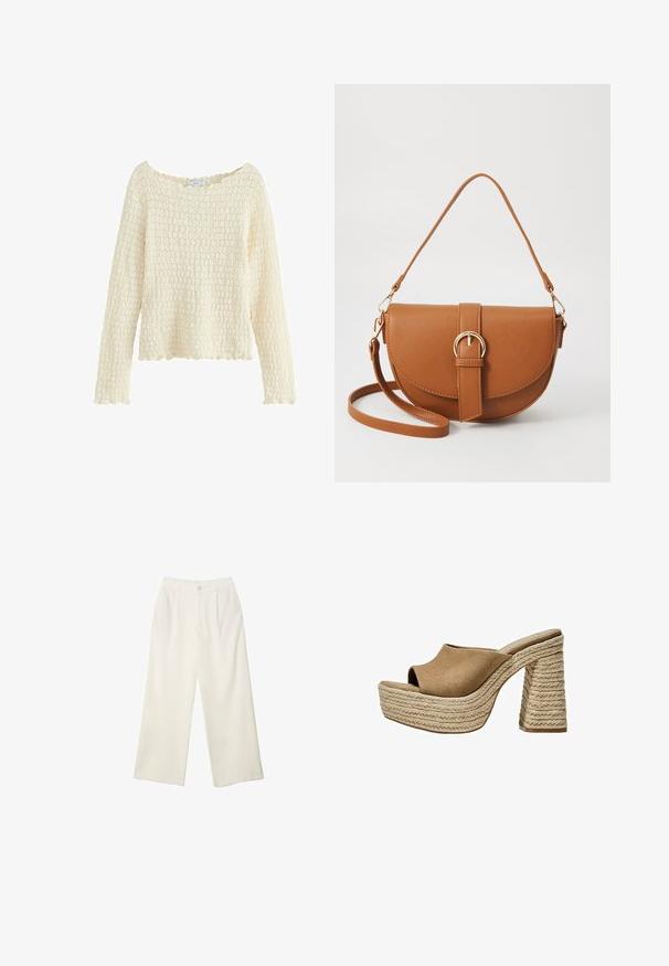 Kerman kuvioinen neulepusero pitkillä hihoilla ja leveällä kaula-aukolla. Ominaisuuksiin kuuluu neulottu kuvio ja aaltoileva helma. Valmistettu pehmeästä materiaalista.; Kermanhousut vaaleassa kankaassa, jossa on sileä rakenne, yksittäinen etunappi, hienovaraiset laskokset ja korkea vyötärömuotoilu.; Ruskeat mokka-plattformit mulesit avoimella varpaalla, joissa on paksu punottu juutti-korko ja sileä, pyöristetty yläosa.; Ruskean nahkainen olkalaukku, jossa on kaareva muoto, kultaiset yksityiskohdat ja solkiyksityiskohta. Varustettu irrotettavalla olkahihnalla.