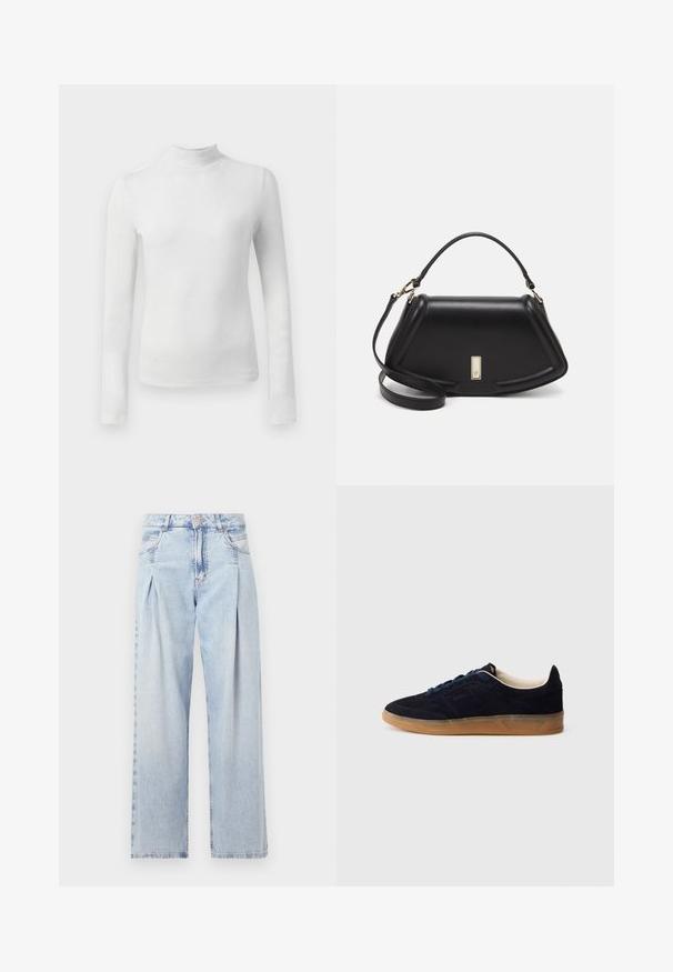 Witte lange mouwen coltrui gemaakt van een gestructureerde, glanzende stof. Heeft een slim fit en een hoge hals.; Lichtblauwe denim jeans met een hoge taille, wijde pijpen, twee zijzakken en geplooid ontwerp. Zachte textuur met een vervaagd uiterlijk.; Marineblauwe suède sneaker met een buitenzool van gumrubber, blauwe veters en een minimalistisch design. Heeft een geperst logo aan de zijkant en een gladde binnenvoering.; Zwarte leren handtas met een gestructureerd ontwerp, featuring een verkorte vorm, bovenhandvat en gouden hardwareaccent. Inclusief verstelbare schouderband.