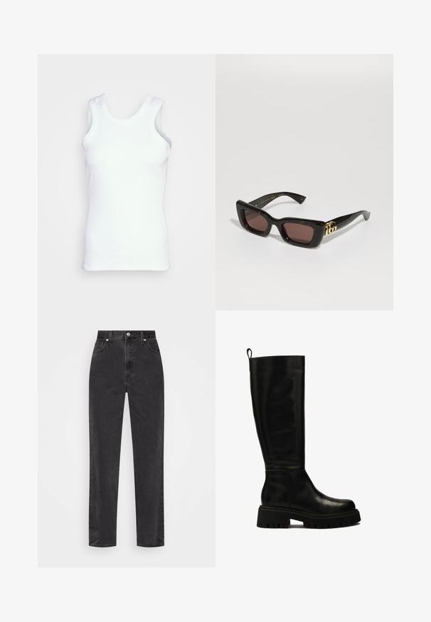 Hvid ærmeløs tanktop lavet af ribbet bomuld. Har en rund halsudskæring og sidesømme, med et tætsiddende design og glat tekstur.; Hvid skjorte med knaplukning, lange ærmer, struktureret krave og rundet kant. Fremstillet af et glat, ensfarvet stof uden synlige mønstre eller detaljer.; Sorte denim jeans med lige ben, høj talje, foran knap og lynlås, samt fem-lomme stil på en hvid baggrund.; Sorte læderstøvler til knæene med et strømlinet design, rund tå og kraftig gummisål med dybe riller og et greb på toppen.; Sorte skildpadde solbriller med rektangulære linser, brun tint, tyk ramme og guld dobbelt-G logo detalje på stangen.