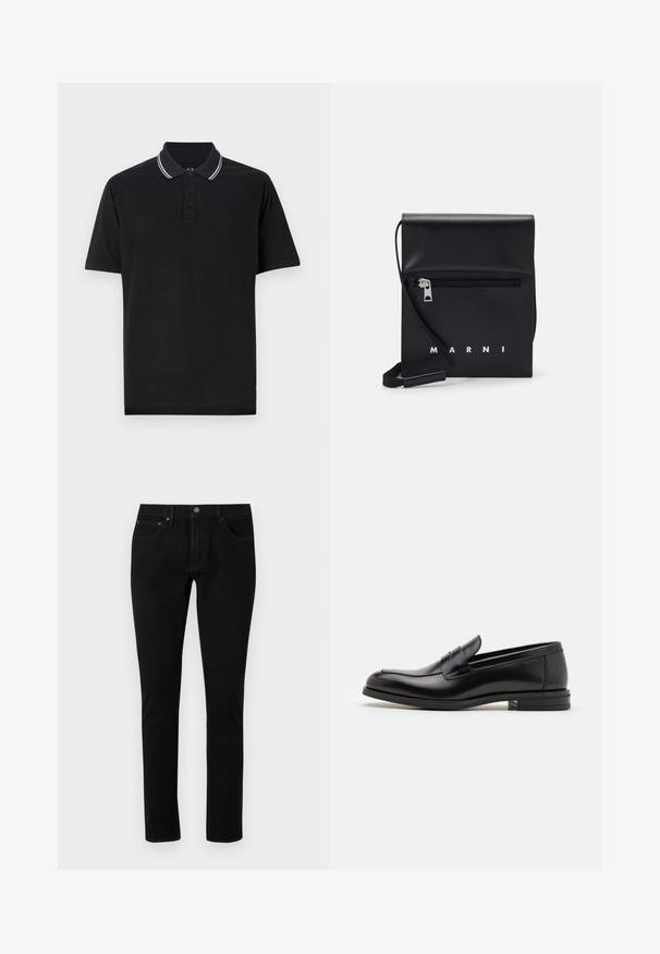 Cămașă polo neagră din bumbac, cu un guler cu dungi contrastante, închidere cu trei nasturi și un logo subtil pe piept.; Jeans negri din denim cu o croială slim, având un tiv standard, cinci buzunare și accesorii din metal. Textură netedă, ușor elastică.; Mocasini din piele neagră cu o textură netedă, vârf rotund și o curea decorativă peste partea superioară. Toc mic, design minimalist.; Geantă de umăr din piele neagră, cu un buzunar frontal cu fermoar, logo embosat și curea reglabilă. Textură netedă cu o formă structurată.