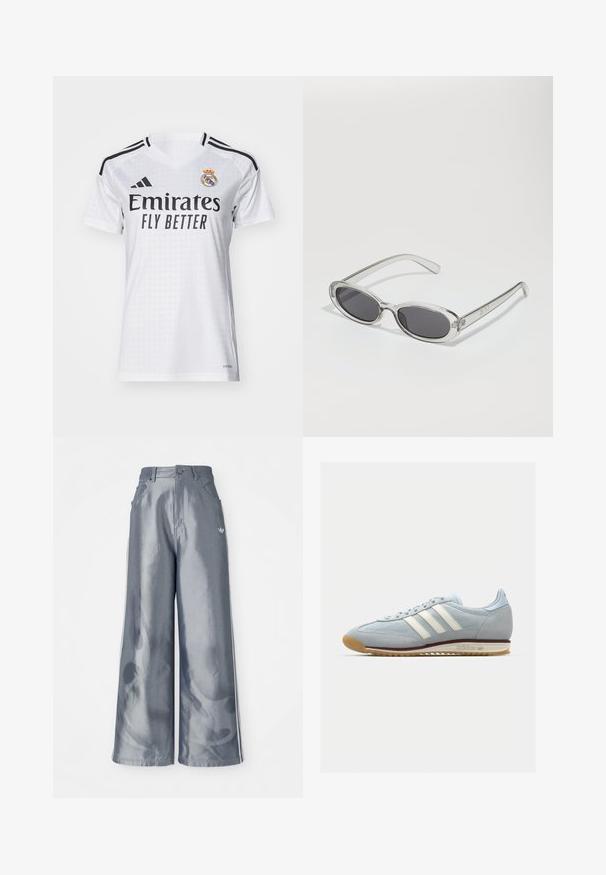 adidas Performance REAL MADRID biały; Szerokie spodnie w błyszczącym szarym kolorze, z białymi paskami po bokach i wzorem płomieni na dolnej części nogawek. Zapięcie na guzik i zamek błyskawiczny w talii.; Jasnoniebieskie zamszowe sneakersy z białymi trzema paskami, gumową podeszwą i teksturowaną siateczką. Posiadają gładki czubek oraz logo na pięcie.; Okulary przeciwsłoneczne w owalnym kształcie, z przezroczystą plastikową oprawą, ciemnoszarymi soczewkami oraz cienkimi przezroczystymi ramionami z akcentami logo i minimalnymi detalami.