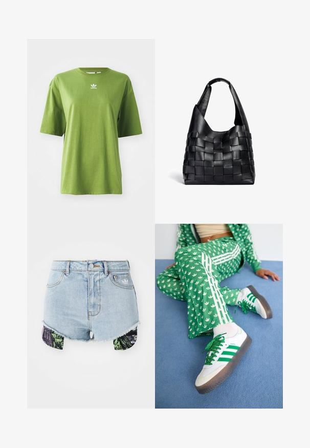 Zöld pamut póló rövid ujjakkal, kerek nyakkivágással és fehér Adidas logóval a mellkason. Sima textúra, kényelmes szabás.; Világoskék farmer sort, megfröccsentett szegéllyel és színes mintás anyaggal az oldalán, városi képekkel és textúrákkal díszítve.; Zöld mintás tréningruha fehér virágmintákkal és fehér csíkokkal, fehér, zöld csíkos, csillogó fűzőjű sportcipővel párosítva.; Fekete bőrből készült szőtt válltáska laza formával és széles vállpánttal. Jellemzője a texturált, összefonódott minta sima felülettel.