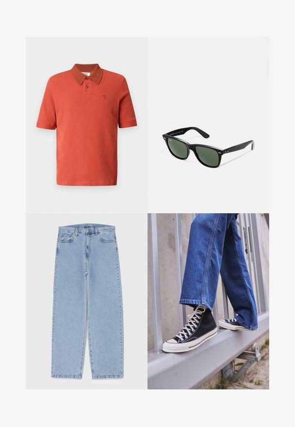 Trumpomis rankovėmis polo marškinėliai plytų raudonos spalvos, tekstūruotos medžiagos, su kontrastine ruda apykakle, dviem mygtukais ir siuvinėta logotipu.; Šviesiai mėlyni džinsai su tiesiomis kojomis, turintys vidutinio aukščio juosmenį, penkias kišenes ir mygtuko bei užtrauktuko uždarymą.; Juodi aukšti sportiniai bateliai su baltu padu ir raišteliais, derinami su laisvai krentančiais mėlynais džinsais, atremti į pilką turėklą.; Juodi plastikiniai saulės akiniai su žaliais objektyvais, kvadratiniais rėmeliais, sidabriniu akcentu ant antakio ir tekstūruotais šventyklų šakutėmis. Vidinėje šakutėje nurodyta prekės ženklo pavadinimas.