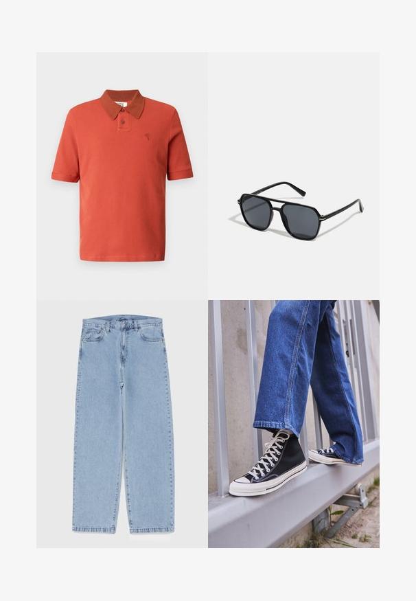 Pikéskjorte med korte ermer i teglrød, teksturert stoff, med en kontrasterende brun krage, to knapper og en brodert logo.; Lyseblå denimjeans med rett ben-design, med mid-rise liv, fem lommer og knap og lynlås lukning.; Svarte høy-hælte joggesko med hvit såle og snøring, paired med løse blå denim-jeans, hvilende på et grått rekkverk.; Sorte solbriller med ottekantet ramme, mørke linser, blank finish, tynde stænger og guld accenter på fronten.