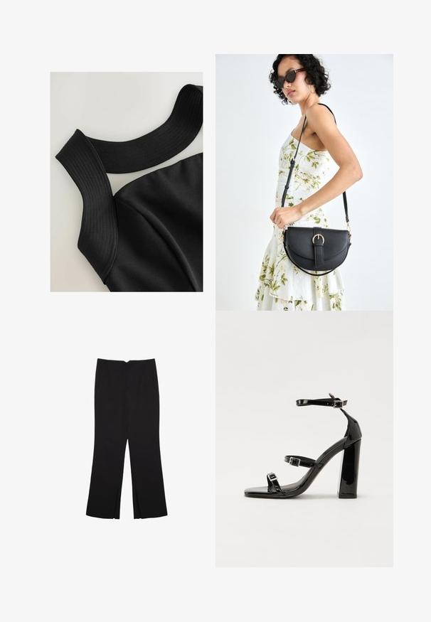 Top nero senza maniche con spalline larghe a coste e una texture del tessuto liscia, caratterizzato da cuciture contour per un design aderente.; Pantaloni neri a gamba dritta, con tasche frontali e spacchi laterali all'orlo. Realizzati in tessuto morbido e liscio. Adatti a diverse occasioni.; Sandali con tacco in vernice nera, con punta squadrata, cinturini alla caviglia e fibbie in argento. Presentano un tacco a blocco spesso per maggiore stabilità.; Borsa a tracolla nera in pelle con una forma curva, manico rimovibile e accessori dorati. La borsa presenta una patta con un dettaglio a fibbia.