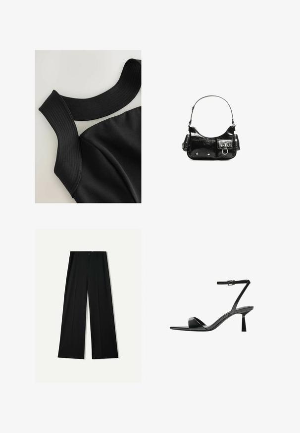 Schwarzes ärmelloses Oberteil mit breiten gerippten Trägern und glattem Stoffgefühl, das konturierte Nähte für eine figurbetonte Passform aufweist.; Bershka WIDE - Stoffhose - black; Bershka High Heel Sandalette - black; Schwarze Lackleder-Handtasche mit geschwungenem Design, einem Schulterriemen, Vordertaschen und silberfarbenen Hardware-Akzenten.