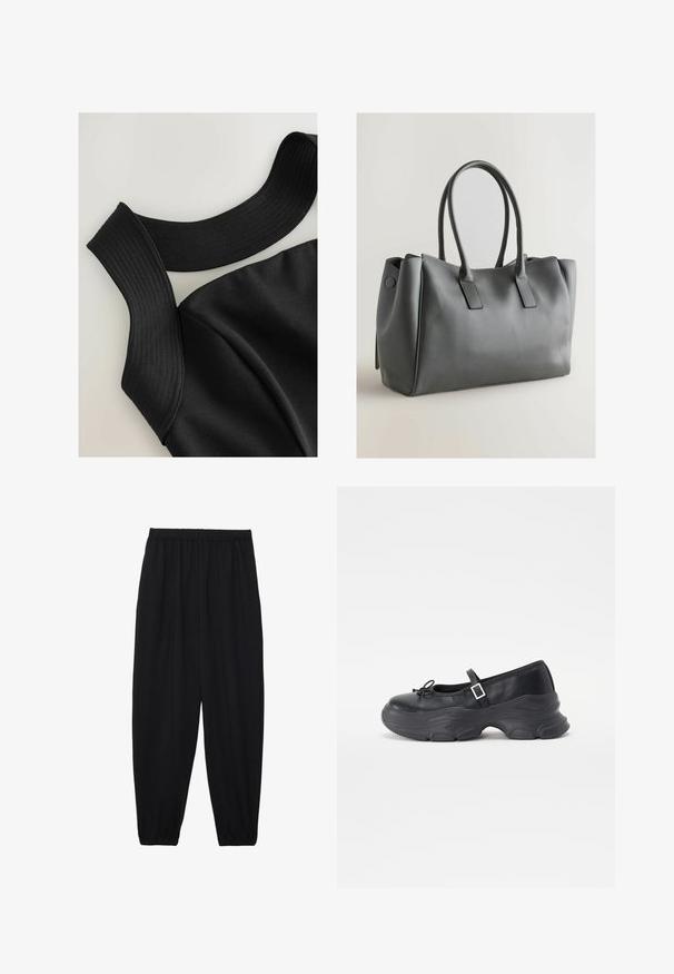 Top negro sin mangas con tirantes anchos acanalados y una textura de tela suave, que presenta costuras contorneadas para un diseño ajustado.; Pantalones negros, ligeros, con cintura elástica y tobillos fruncidos. La tela es suave y presenta un diseño relajado y ajustado.; Zapato Mary Jane de cuero negro con punta redondeada, detalle de lazo y correa ajustable en el tobillo. Presenta una suela de goma gruesa con acentos curvados.; Bolso de mano de cuero gris con asas dobles, de forma rectangular, textura suave y diseño minimalista. Presenta paneles laterales planos y costuras sutiles.