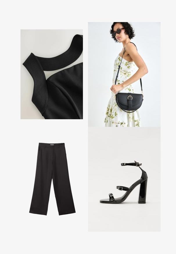 Black sleeveless top with wide ribbed straps and a smooth fabric texture, featuring contoured seams for a fitted design.; Black wide-leg trousers made of smooth fabric, featuring a front zipper and two side pockets, with a tailored fit and minimalistic design.; Black patent heeled sandals with a square toe, ankle straps, and silver buckles. Features a chunky block heel for stability.; Black leather handbag with a curved shape, detachable strap, and gold hardware. The bag features a flap with a buckle detail.