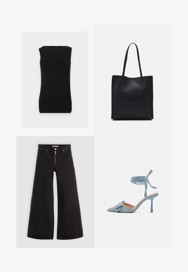 Czarny bezrękawnik wykonany z miękkiego materiału, z okrągłym dekoltem i dopasowanym krojem o gładkiej teksturze. Brak widocznych wzorów lub akcentów.; Jeans o szerokich nogawkach w czarnym denienie z zamkiem błyskawicznym z przodu, pięcioma kieszeniami i subtelnymi detalami przeszycia. Gładka tekstura i swobodny styl.; Czółenka na wysokim obcasie z ostrym noskiem w jasnoniebieskim materiale o teksturowanym wykończeniu, z akcentem w postaci kokardy i paskiem wokół kostki zapewniającym stabilne dopasowanie.; Czarna skórzana torba tote o gładkiej fakturze, prostokątnym kształcie i dwóch długich uchwytach. Brak widocznych elementów metalowych i ozdób.