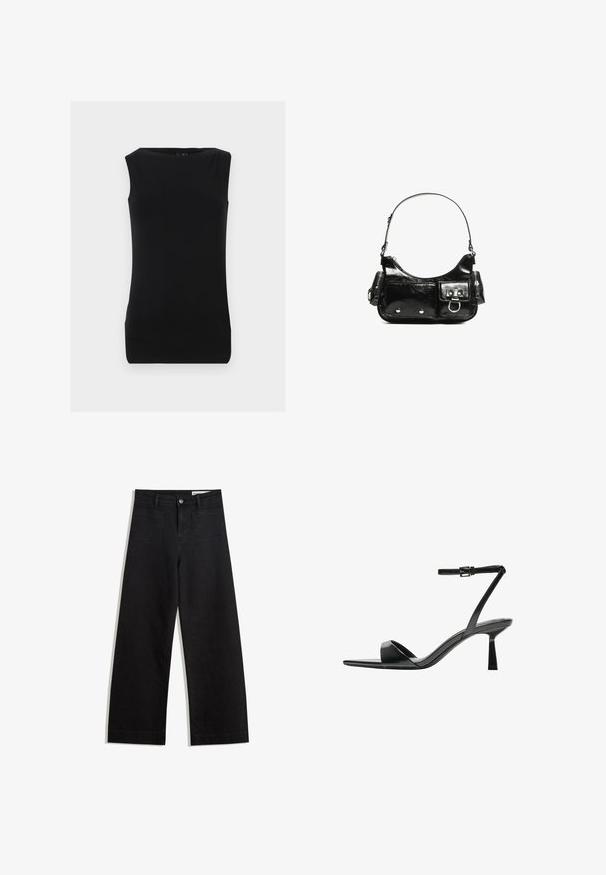 Czarny bezrękawnik wykonany z miękkiego materiału, z okrągłym dekoltem i dopasowanym krojem o gładkiej teksturze. Brak widocznych wzorów lub akcentów.; Czarne dżinsowe spodnie o szerokich nogawkach i wysokim stanie, z przednimi i tylnymi kieszeniami, przeszyciami oraz zapięciem na guziki. Gładka struktura.; Bershka - Sandały na obcasie; Czarna torebka z lakierowanej skóry o zaokrąglonym kształcie, z jednym paskiem na ramię, przednimi kieszeniami i akcentami w kolorze srebrnym.