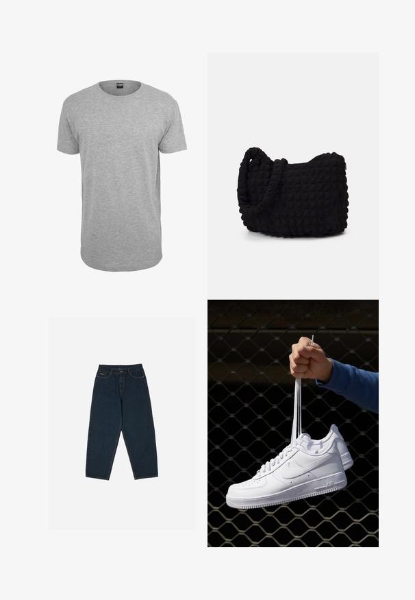Hnedá bavlnená tričko s krátkym rukávom, okrúhlym výstrihom, rovnými okrajmi a jemnou textúrou; minimálne značenie viditeľné na výstrihu.; Tmavomodré džínsy s vysokým pásom a uvoľneným strihom, s piatimi vreckami a zapínaním na gombík. Vyrobené z denimu s hladkou textúrou.; Biele kožené tenisky s perforáciami, okrúhlou špičkou, plochou podrážkou a hrubými šnúrkami, pričom majú viditeľné logo swoosh a nápis "AIR" na päte.; Čierna látková taška s textúrovaným, prešívaným vzorom. Zaoblený tvar, krátke, hrubé rúčky a mäkká, flexibilná konštrukcia.