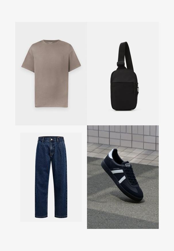 Short-sleeve, crew neck t-shirt in a muted taupe color, made of cotton, featuring a relaxed fit and smooth, soft texture.; Dark blue denim jeans with a straight-leg design. Features visible stitching, a button closure, and front pleats for added detail.; Black leather sneaker with white stripes, textured rubber sole, and lace-up front. Features a branded label on the tongue.; Black crossbody bag made of durable fabric, featuring a single adjustable strap, a zippered main compartment, and a front pocket.