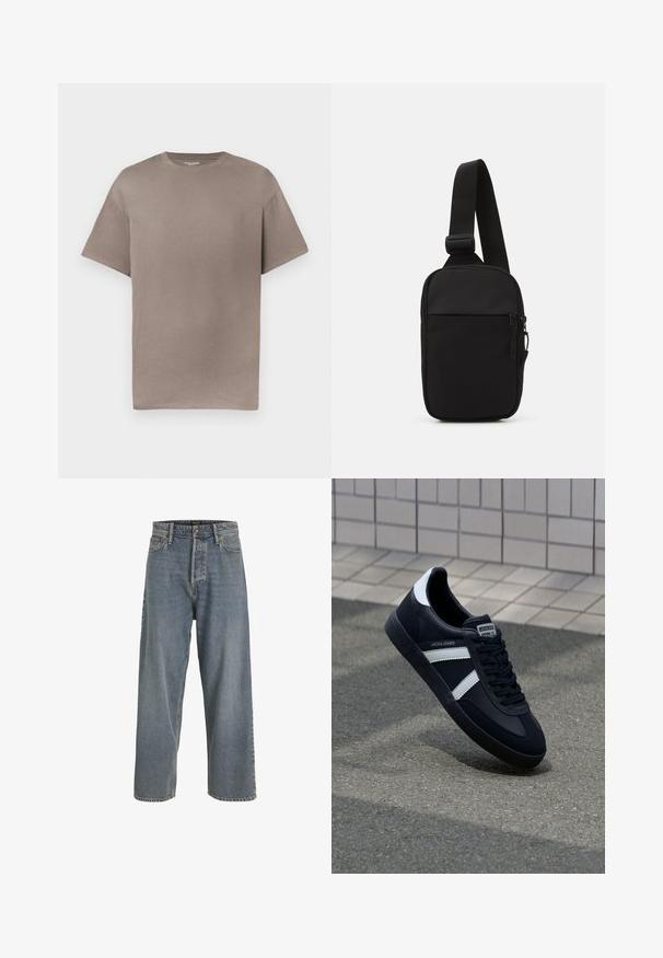 T-shirt a maniche corte con scollo tondo in un colore taupe tenue, realizzata in cotone, con vestibilità rilassata e texture liscia e morbida.; Jeans in denim azzurro chiaro a gamba larga con vitino alto, design a cinque tasche e cuciture visibili. Tessuto morbido con un aspetto leggermente sbiadito.; Sneaker neri in pelle con strisce bianche, suola in gomma texturizzata e allacciatura frontale. Presenta un'etichetta con il marchio sulla linguetta.; Borsa a tracolla nera realizzata in tessuto resistente, con una singola tracolla regolabile, un compartimento principale con zip e una tasca frontale.