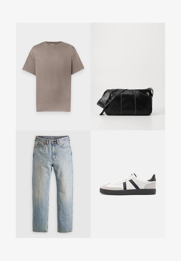 Short-sleeve, crew neck t-shirt in a muted taupe color, made of cotton, featuring a relaxed fit and smooth, soft texture.; Light blue denim jeans with high waist, front button, zipper, and five-pocket design, laid flat on a neutral background.; White sneaker with black and gray accents, featuring a textured gray toe cap, black rubber sole, and flat white laces. Clean design, minimalist style.; Black leather shoulder bag with a zip closure, featuring a textured body, white stitching, and a strap with silver grommets.