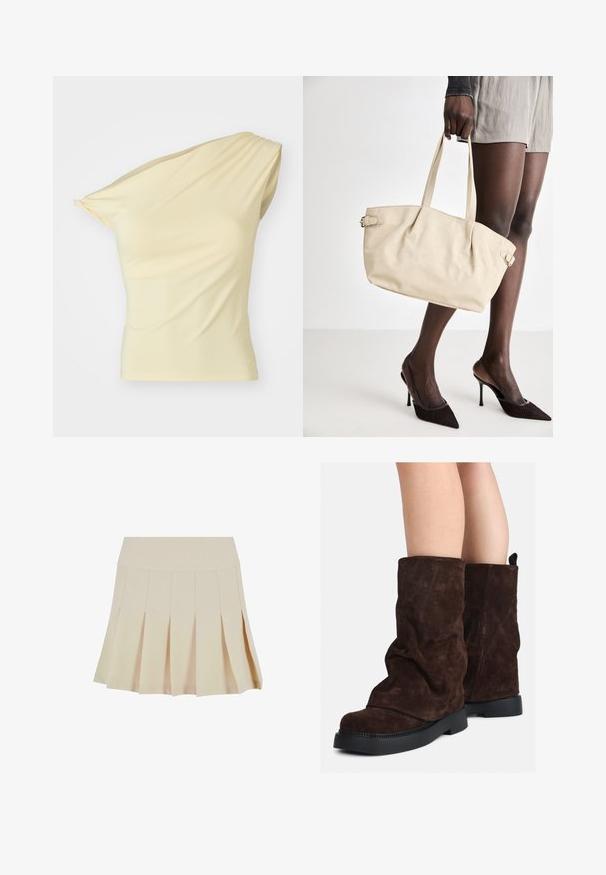 Asimetrisks vienas pleca tops gaiši dzeltenā krāsā, izgatavots no gludas, elastīgas auduma; tam ir smalka drapējuma un pieguļošs siluets.; Bežs plīsums svārki ar pieguļošu jostu, izgatavoti no gludas auduma. Iespējas ietver vairākas vertikālas plīsuma līnijas un taisnu apakšmalu.; Brūni zamšādas puszābaki līdz teļiem ar melnām gumijas zālēm uz atklātām kājām, ar vieglu krokām uz zābaku kājām.; Bežs tote soma ar gludu ādas apdari, strukturētu formu, divām rokturiem un sānu sprādžu detaļām. Apvienota ar elegantiem melniem papēžiem.