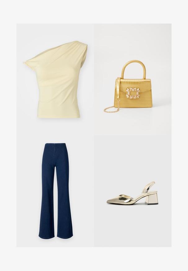 Asümmeetriline ühesõlaline tops heleses kollases, valmistatud siledast ja venivast kangast; sisaldab peent drapeeringut ja sobivat siluetti.; Tumedatest sinistest flöödidest teksad, mis on valmistatud denimist ja neil on elastne vöökoht. Omavad siledat tekstuuri ja laia jala disaini, mis ulatub hemsse.; Kuldne, metallilised slingback-kudumid terava varba ja paksu kontsaga. Sile tekstuur, minimalistlik disain ja kitsas rihm.; Kollane faux-krokodilli käsipindaga kott, millel on struktureeritud disain, ülemine käepide, eemaldatav kettmass ja dekoratiivne kristallkaunistus klambril.; Kuldtooni metallist kõrvarõngas, millel on elegantne ja kaarjas disain. Omab silmapaistvat teravat kuju, poleeritud pinda ja hingesulgemist.