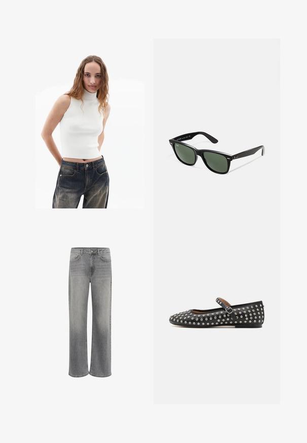 Top a manica senza maniche bianco in costina con colletto a imbuto abbinato a jeans blu a vita alta, con tasche anteriori e una leggera scoloritura.; Jeans a gamba larga in denim grigio, caratterizzati da un alto punto vita, cinque tasche, una chiusura con bottone anteriore e una leggera sfumatura sul tessuto.; Scarpa piatta in pelle nera con punta arrotondata, dotata di una fascia e borchie in tonalità argento distribuite uniformemente sulla superficie superiore.; Occhiali da sole in plastica nera con lenti verdi, montatura quadrata, dettaglio argento sulla parte superiore e steli con texture. Marchio indicato sulla parte interna dello stelo.; Borsa handbag nera in materiale sintetico con una forma curva, tracolla in catena argentata, chiusura con zip e logo del marchio in rilievo sulla parte anteriore. Texture liscia.