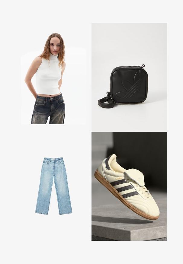Hvid ærmeløs ribbet turtleneck-top parret med blå denim jeans med høj talje, der har forsigtig lommer og en let falmning.; Lyseblå denim bukser med bred benvidde og høj talje, præget af en falmet vask og små, spredte slidte detaljer overalt.; Cremefarvede lædersneakers med tre mørke striber, en brun gummisål og en afrundet tå. Har en foldbar tunge mærket "SAMBA."; Sort kvadratisk crossbody taske lavet af tekstureret syntetisk materiale. Har et prægede logo design og justerbar strop. Lynlåslukning.