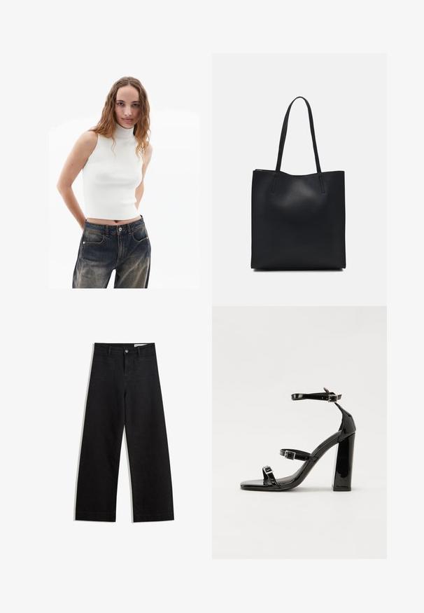 White sleeveless ribbed turtleneck top paired with blue denim high-waisted jeans, featuring front pockets and a slight fade.; Black wide-leg denim pants with a high waist, featuring front and back pockets, stitched seams, and a button closure. Smooth texture.; Black patent heeled sandals with a square toe, ankle straps, and silver buckles. Features a chunky block heel for stability.; Black leather tote bag with smooth texture, rectangular shape, and two long handles. No visible hardware or embellishments.