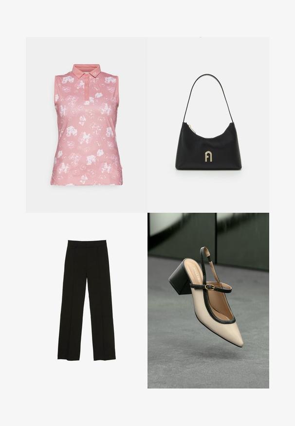 Růžová bezrukávová polo košile s jemným bílým květinovým vzorem, límeček s knoflíky a logo CK na límečku. Vyrobena z hladkého materiálu.; Černé široké kalhoty vyrobené z hladké tkaniny, s dobře padnoucím pasem a jemnými předními klíny pro zvýraznění textury.; Beige boty s špičatou špičkou a otevřenou patou, černými detaily, zlatou přezkou a silným blokovým podpatkem, na šedé podlaze s tmavě zeleným pozadím.; Černá kabelka vyrobená z hladkého materiálu, s křivkovým tvarem, jediným popruhem a zlatým logem na přední straně.