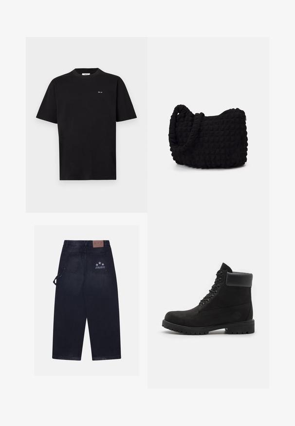 Camiseta negra de manga corta con cuello redondo, con un pequeño logo blanco "NN. 07" en el lado izquierdo del pecho, presentada sobre un fondo blanco.; Pantalones de mezclilla oscura con un ajuste holgado. Presenta dos bolsillos traseros, un parche de cuero con el logo y un diseño de cinco estrellas en uno de los bolsillos.; Botín negro con cordones hasta el tobillo, con cuello acolchado y suela resistente, mostrado de perfil sobre un fondo blanco.; Bolsa de tela negra con un patrón texturizado y acolchado. Forma redondeada, asas cortas y gruesas, y una estructura blanda y flexible.