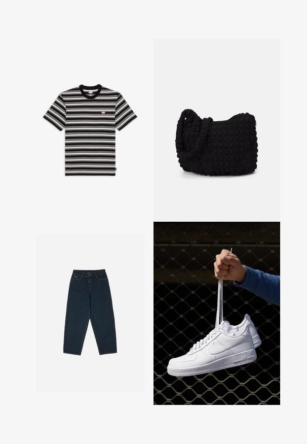 Dickies STEVENSVILLE - Camiseta estampada - cloud; Vaqueros oscuros de talle alto con un ajuste relajado, con cinco bolsillos y cierre de botón. Confeccionados en denim de textura suave.; Zapatillas de cuero blanco con perforaciones, punta redonda, suela plana y cordones gruesos, con un logo de swoosh visible y "AIR" en el talón.; Bolsa de tela negra con un patrón texturizado y acolchado. Forma redondeada, asas cortas y gruesas, y una estructura blanda y flexible.