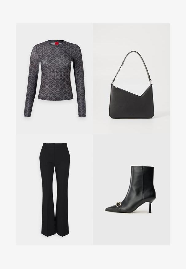 Langärmliges Shirt in Schwarz und Grau mit einem geometrischen Muster. Verfügt über einen Rundhalsausschnitt und ein Logodetail auf der Vorder- und Rückseite. Weiche Textur.; Schwarze plissierte Hose mit geradem Schnitt, aus einem glatten Stoff gefertigt. Sie hat einen hohen Bund und unsichtbare seitliche Taschen.; Schwarze Leder-Stiefelette mit spitzer Zehe, schlankem, mittelhohem Absatz und silberner Schnalle seitlich vor einem schlichten Hintergrund.; Schwarze Lederhandtasche in dreieckiger Form, mit schmalem Tragegurt und silbernem Zubehör. Sie verfügt über einen Reißverschluss und ein geprägtes Logo auf der Vorderseite.