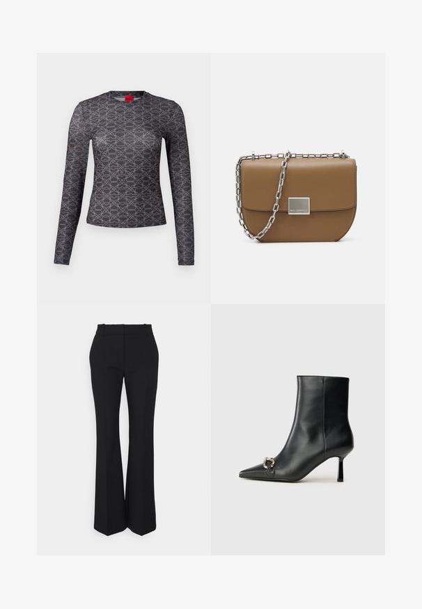 Langärmliges Shirt in Schwarz und Grau mit einem geometrischen Muster. Verfügt über einen Rundhalsausschnitt und ein Logodetail auf der Vorder- und Rückseite. Weiche Textur.; Schwarze plissierte Hose mit geradem Schnitt, aus einem glatten Stoff gefertigt. Sie hat einen hohen Bund und unsichtbare seitliche Taschen.; Schwarze Leder-Stiefelette mit spitzer Zehe, schlankem, mittelhohem Absatz und silberner Schnalle seitlich vor einem schlichten Hintergrund.; Braune Leder-Crossbody-Tasche mit gewölbter Form, silberner Kettenriemen und quadratischem metallischem Verschlussdetail auf der Vorderseite.