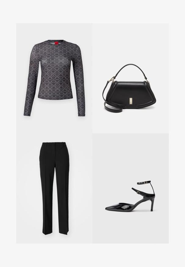 Long-sleeve shirt in black and gray with a geometric pattern. Features a crew neck and logo detail on the front and back. Smooth texture.; Black tailored trousers with a straight-leg design, featuring a smooth texture and crisp creases along the front. No visible hardware.; Black patent leather heels with a pointed toe, adjustable ankle straps, and a slender heel. Smooth texture with a shiny finish.; Black leather handbag with a structured design, featuring a cropped shape, top handle, and gold hardware accent. Adjustable shoulder strap included.
