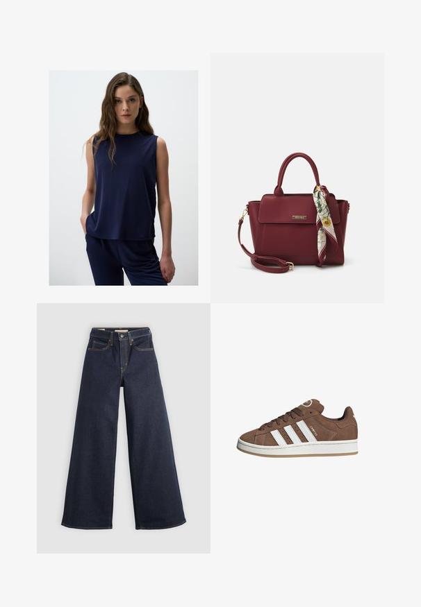 Jimmy Key - Top; Szerokie jeansy z denimu w ciemnoniebieskim kolorze z kontrastowymi przeszyciami. Charakteryzują się tradycyjnym pięciopocketowym fasonem oraz zapięciem na guzik w pasie.; Brązowe zamszowe sneakersy z białymi skórzanymi paskami, gumową podeszwą, zaokrąglonym noskiem i sznurowanym przodem. Posiadają logo na języku i perforowane akcenty.; Burgundowa torebka wykonana z materiału syntetycznego, o strukturalnym designie, z odpinanym paskiem i chustą w kwiatowy wzór związaną na uchwycie.