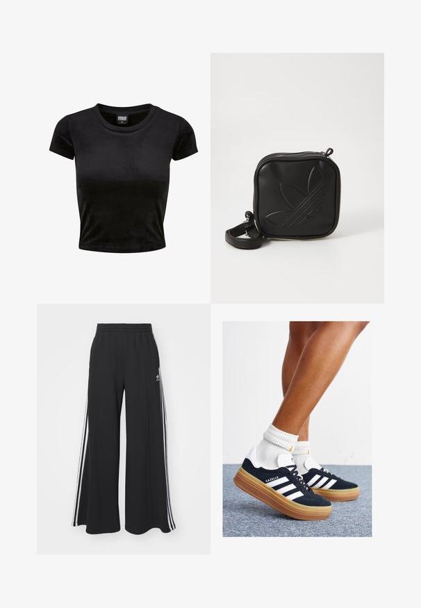 Sort, kortærmet crop top lavet af blød, fløjlsagtig stof. Har en klassisk rund halsudskæring og et simpelt design uden mønstre eller pynt.; Sorte brede sweatpants med elastisk talje, med hvide sidelommer og et broderet logo på venstre lår.; Sorte sneakers i ruskind med hvide striber og detaljer, rundet tå, ydersål i gummi, kombineret med hvide ribstrikkede crew sokker.; Sort kvadratisk crossbody taske lavet af tekstureret syntetisk materiale. Har et prægede logo design og justerbar strop. Lynlåslukning.