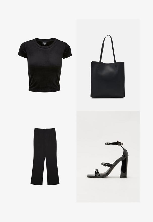 Sort, kortærmet crop top lavet af blød, fløjlsagtig stof. Har en klassisk rund halsudskæring og et simpelt design uden mønstre eller pynt.; Sorte bukser med lige pasform, der har frontlommer og slidser i kanten. Lavet af blødt, glat stof. Velegnet til forskellige anledninger.; Sorte patenterede hælsandaler med firkantet tå, ankelremme og sølvspænder. Har en chunky blokHæl for stabilitet.; Sort læder tote taske med glat tekstur, rektangulær form og to lange hanke. Ingen synlig hardware eller udsmykninger.