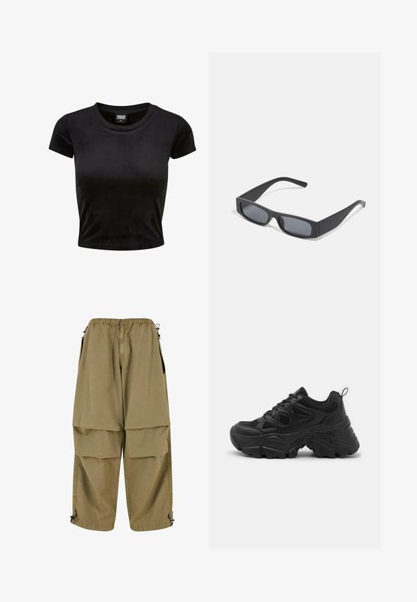 Čierny krátky rukáv crop top vyrobený z mäkkej, zamatovej látky. Má klasický okrúhly výstrih a jednoduchý dizajn bez akýchkoľvek vzorov alebo akcentov.; Béžové cargo nohavice s elastickým pásom, veľkými prednými vreckami a nastaviteľnými manžetami. Vyrobené z ľahkého materiálu s hladkou textúrou.; Čierne športové topánky s textúrovaným sieťovaným zvrškom, zakrivenou gumovou podrážkou a výrazným vzorom behúňa. Obsahujú integrované šnurovanie a pútko.; Čierne obdĺžnikové slnečné okuliare s tmavými sklami a hrubými matnými rámami. Ramena sú mierne zúžené s hladkým povrchom.