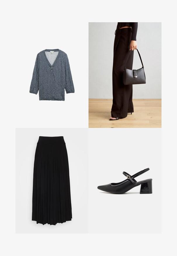 Mėlyna raštuota bluzė su trimis ketvirtadaliais rankovėmis, V formos iškirpte ir mygtukų užsegimu. Lengvas audinys su tekstūruotu raštu ir surinktomis rankovių krašteliais.; Juodas plisuotas sijonas su aukštu, tampri juosta. Pagamintas iš minkštos medžiagos, turi vertikalias plisėles, sukuriantis laisvą siluetą.; Juodi patentinio odos slingback aukštakulniai su smailiu pirštu, apvaliu išpjovimu ir blokiniu kulnu. Papuošti auksiniu juostos akcentu.; Juodas rankinė struktūrizuota forma, lygi tekstūra ir metalinis užsegimas. Suporuota su plačiomis juodomis kelnėmis ir atvirais bateliais ant medinių grindų.