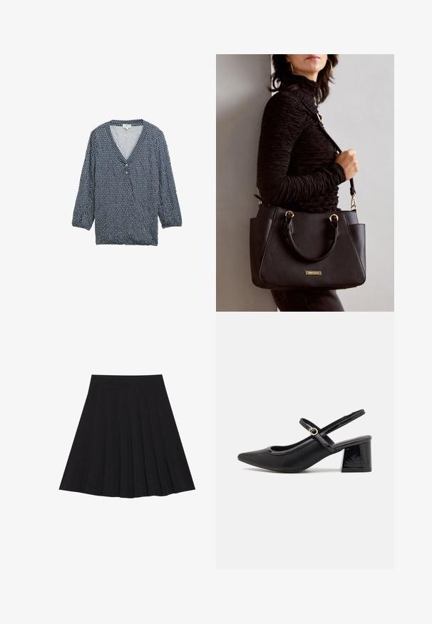 Sininen kuvioitu paita, jossa on kolme neljännekselle hihat, V-pääntie ja nappikiinnitys. Kevyt kangas, jossa on teksturoitu pinta ja rypytys hihansuissa.; Musta taitettu hame, joka on valmistettu teksturoidusta kankaasta ja jossa on tiukka vyötärö. Laskeutuu polveen, ja siinä on suora ja siisti siluetti.; Musta lakattu nahka slingback-korkokengät, joissa on terävä kärki, pyöreä aukko-muotoilu ja lohkokorko. Varustettu kultasävyisellä solkiyksityiskohdalla.; Musta käsilaukku, jossa on teksturoitu pinta, kaksi yläkantta ja säädettävä olkahihna. Varustettu kultasävyisillä varusteilla ja sivutaskuilla.