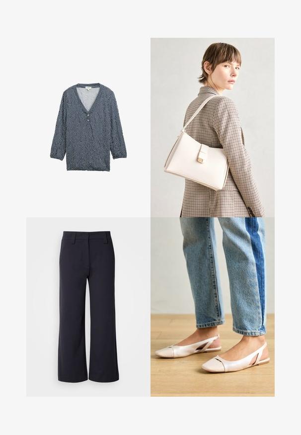 Blauwe blouse met patroon, driekwartmouwen, V-hals en knoopsluiting. Lichtgewicht stof met een geglazuurd patroon en gathered manchetten.; Wijd-zittende broek in donkerblauwe stof. Heeft een vlakke voorkant, riemlussen en zijzakken. Het materiaal is glad met een lichte stretch.; Zachtroze slingback ballerina's met een spitse neus, gemaakt van een glad leerachtig materiaal. Bevat uitsnijdingen aan de zijkanten en heeft een platte hak.; Witte leren handtas met een gestructureerd ontwerp, voorzien van een magneetsluiting en een schouderriem, tentoongesteld tegen een neutrale achtergrond.