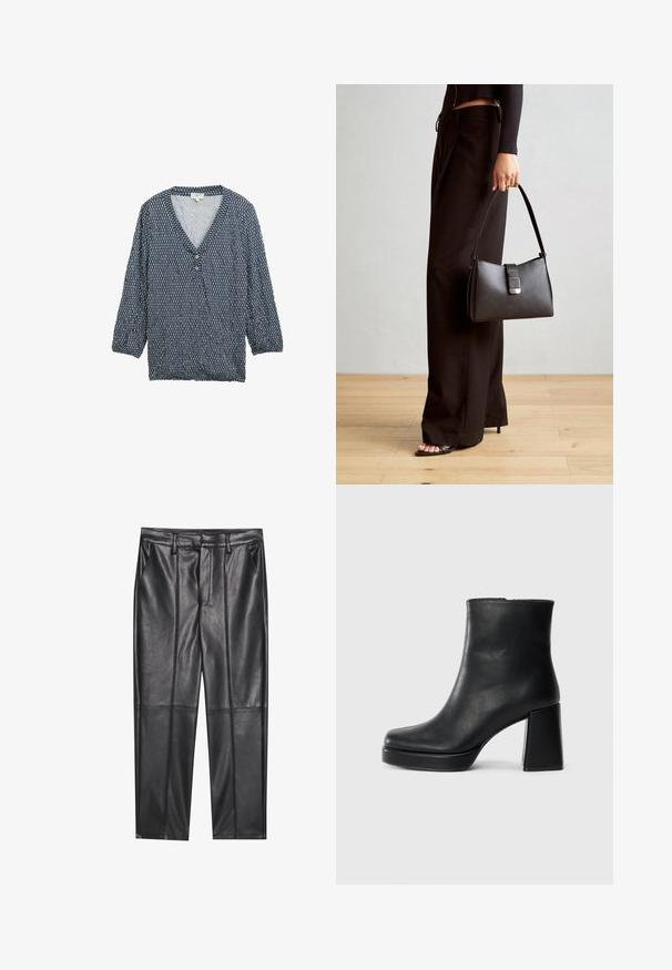 Sinine mustriline blouse, millel on kolmveerandvarrukad, V-kaelus ja nup Closure. Kerge kangas tekstuurse mustriga ja kokku tõmmatud mansetid.; Mustad nahkpüksid sileda tekstuuriga, sirge lõikega, kahe eesmine taskuga ja nähtavate õmblusteta.; Must musta ankle boot, milleplokk-konts ja platvormi tallaga, vaadatud küljelt ühetoonilise valge tausta peal.; Must musta kott, millel on struktureeritud kuju, sile tekstuur ja metallist klamber. Kombineeritud laiate mustade pükstega ja avatud varvaste sandaalidega puidust põrandal.