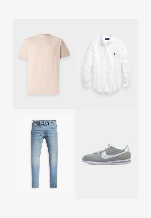 T-shirt de algodão rosa claro com um logótipo bordado "GUESS" e detalhe "EST. 1981" na parte da frente, com um clássico decote redondo e mangas curtas.; Camisa de botões de manga longa branca em algodão. Apresenta um colarinho clássico, punhos com botão e um pequeno logótipo bordado em azul-marinho no peito.; Jeans slim fit em azul claro com leve desbotamento nas coxas, fecho frontal por botão, passantes para cinto e estilo de cinco bolsos sobre um fundo branco.; Sapatilha atlética cinza com um cabedal em camurça e têxtil, símbolo Nike branco e atacadores brancos. Apresenta uma sola de borracha texturizada e colarinho acolchoado.