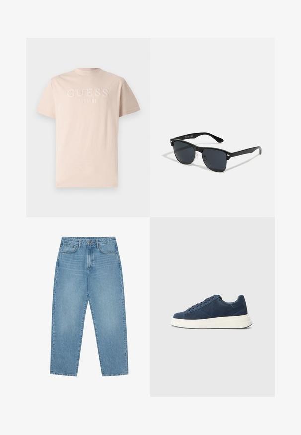 Šviesiai rožinė medvilninė marškinė su siuvinėtu "GUESS" logotipu ir "EST. 1981" detale priekyje, klasikinio apvalaus kaklo ir trumpomis rankovėmis.; Šviesiai mėlyni džinsai su plačiomis kojomis ir aukštu liemeniu, turintys penkias kišenes, diržo kilpas ir švelnų, šiek tiek išblukusį tekstūrą.; Jūrų mėlynumo sušvelninto zomšo kedai su balta guma padsole, turintys šešis akių skylutes, tekstūruotą pamušalą ir minimalistinį dizainą su subtiliomis siuvimo detalėmis.; Juodos saulės akinių su stačiakampiu rėmeliu, tamsiais lęšiais, sidabrinėmis detalėmis šventrajose ir matinio paviršiaus rėmeliu.
