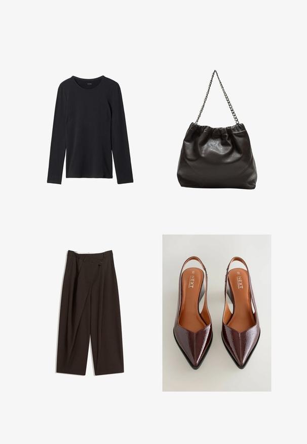 Czarna koszulka z długim rękawem wykonana z miękkiego materiału, z okrągłym dekoltem, prostym wzornictwem i bez widocznych wzorów czy ozdób.; Ciemnobrązowe szerokie spodnie o wysokim stanie, z pojedynczym zapięciem na guzik i plisowanym przodem. Wykonane z lekkiego materiału.; Bordowe lakierowane czółenka na odkrytej pięcie z ostro zakończonym noskiem, wyciętymi bokami i niskim obcasem. Posiadają brązową wkładkę z logo marki.; Brązowa skórzana torba z marszczonym szczytem i łańcuszkowym paskiem. Gładka tekstura z błyszczącym wykończeniem i subtelnymi detalami szwów po bokach.