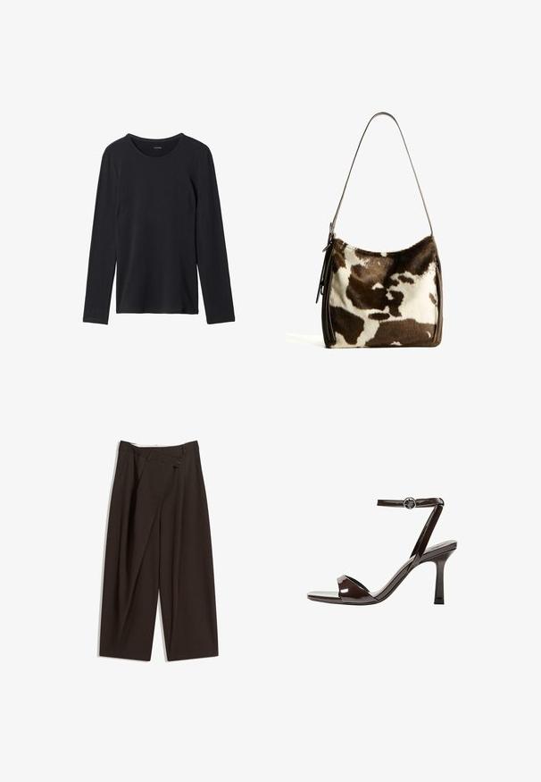 T-shirt nero a maniche lunghe realizzato in tessuto morbido, caratterizzato da un collo rotondo, design semplice e senza motivi o decorazioni visibili.; Pantaloni a gamba larga marrone scuro con vita alta, dotati di una chiusura con bottone singolo e una parte anteriore plissettata. Realizzati in tessuto leggero.; Sandalini con tacco alto in pelle verniciata marrone, con cinturino alla caviglia, punta aperta e un design elegante e minimalista. Presentano un tacco quadrato.; Borsa a spalla in pelle bovina marrone e crema con tracolla in pelle liscia, chiusura con zip e superficie morbida e testurizzata con un motivo naturale.
