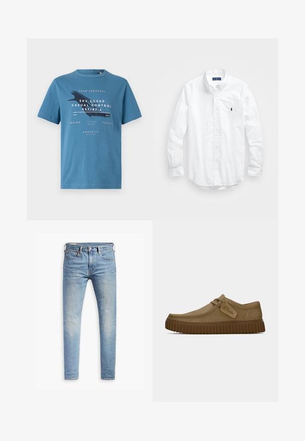 Blå bomulls t-skjorte med korte ermer, med grafisk tekst og et flydesign foran. Rund hals og vanlig passform.; Hvit langermet skjorte i bomull med knapper. Har en klassisk krage, knappe mansjetter og en liten marineblå brodert logo på brystet.; Lyseblå slim-fit jeans med svak falming på lårene, frontknappelukking, beltehemper, og fem-lomme design på hvit bakgrunn.; Lys brun semsket skinnsko med rundt tå, sydd detaljer og en ribbet brun gummisåle. Har en sideetikett med "Clarks"-logo.