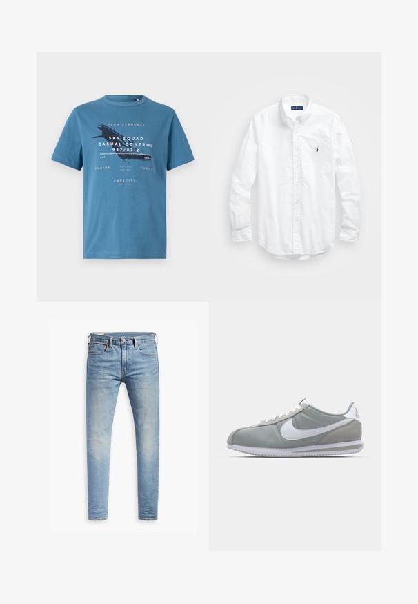 Sinine puuvillane T-särk lühikeste varrukatega, esipaneelil graafilise teksti ja lennuki mustriga. Ümar kaelus ja tavapärane lõige.; Valge pikkade varrukatega kotitõmblusega särk puuvillast. Omab klassikalist kraed, nööpidega mansette ja väikest tumesinist tikandit rinnal.; Heledad hallidega helesinised kitsad teksad, millel on kerge kulumine reitel, ees nupuga sulgemine, vöölõngad ja viie taskuga stiil, valgel taustal.; Hallitus hallikets pro piletse ja teki, valge Nike swoosh ja valged paelad. Omab tekstuuriga kummitalda ja polsterdatud krae.