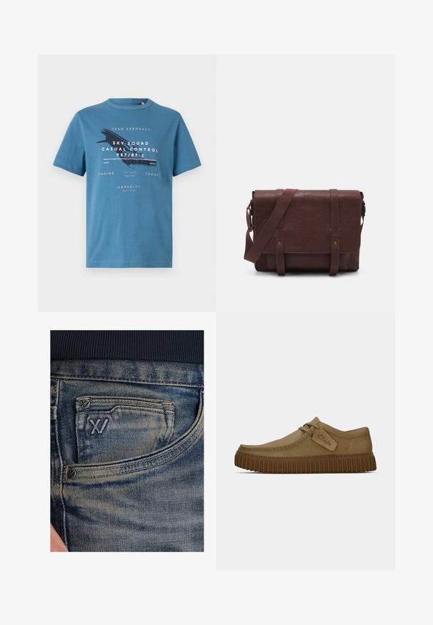 Sininen puuvillainen t-paita lyhyillä hihoilla, jossa on graafinen teksti ja lentokonesuunnittelu edessä. Pyöreä kaula-aukko ja normaali malli.; Siniset farkut, joissa haalistunut pinta, valuuttatasku ja musta logokoriste edessä. Vyötärönauha on tummansinistä ribbineulosta kangasta.; Vaaleanruskeat mokkakengät, joissa on pyöreä kärki, ommeltuja yksityiskohtia ja uritettu ruskea kumipohja. Kengissä on myös sivulappu, jossa on "Clarks"-logo.; Ruskea nahkainen viestintälaatikko, jossa on litteä etuläppä, kaksi remmiä, kultaiset yksityiskohdat ja säädettävä olkahihna.