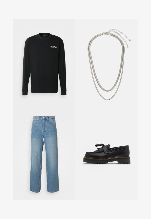 KAVU ETCH ART - Langærmet T-shirt - black; Højtaljede lyseblå denimjeans med lige ben, frontlukning med knap og fem-lomme stil på ensfarvet baggrund.; Sort læderloafer med en frynsedetalje, der har en kraftig sort sål og gul syninger langs kanten. Teksturert overflade.; Tre-lags sølvmetal halskæde med slanke, flexible kæder med en let glans, sikret med en hummerlås og justerbar kæde.