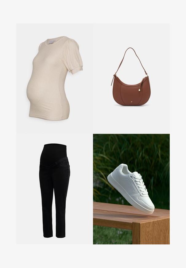 Beige raskauspaita, jossa on ribbitekstuuri, lyhyet puffihihat ja pyöreä kaula-aukko, suunniteltu kasvavan vatsan mukauttamiseen.; Mustat äitiysfarkut, joissa on joustava korkea vyötärö ja slim-fit lahkeet, suunniteltu mukavuutta ja tukea varten raskauden aikana.; Valkoiset tennarit, joissa on sileä synteettinen päällinen, rei'itetty varvasosa, litteät nauhat ja teksturoitu pohja, esillä puupinnalla.; Ruskea keinonahkainen olkalaukku, jossa on kaareva muoto, minimaalinen ompelu ja kultasävyinen varuste. Varustettu ylhäältä avautuvalla vetoketjullisella suljennalla ja säädettävällä hihnalla.