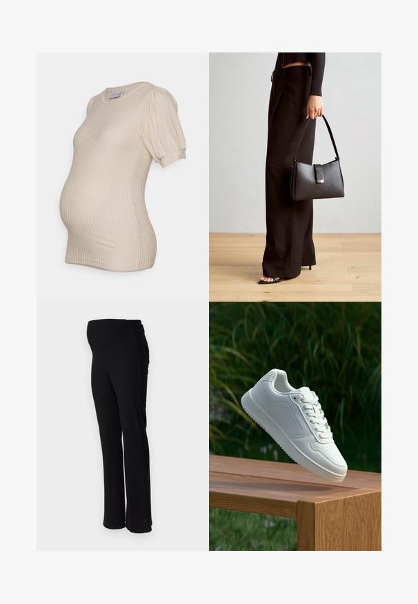 Bežs grūtnieču tops ar ribu tekstūru, īsām pūku piedurknēm un apaļu kakla izgriezumu, izstrādāts, lai nodrošinātu vietu augošai vēderam.; ONLY MATERNITY OLMHALLE - Auduma bikses - black; Baltie sporta apavi ar gludu sintētisku augšpusi, perforētu pirkstu daļu, plakani šņorēm un rakstainu zoli, novietoti uz koka virsmas.; Melnā somiņa ar strukturētu formu, gludu tekstūru un metālu sprādzi. Saskaņota ar platām melnām biksēm un sandālēm ar atvērtu purngalu uz koka grīdas.